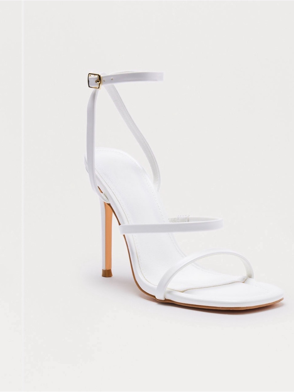 Fashion Nova White Strappy Stiletto Sandals with Ankle Buckle